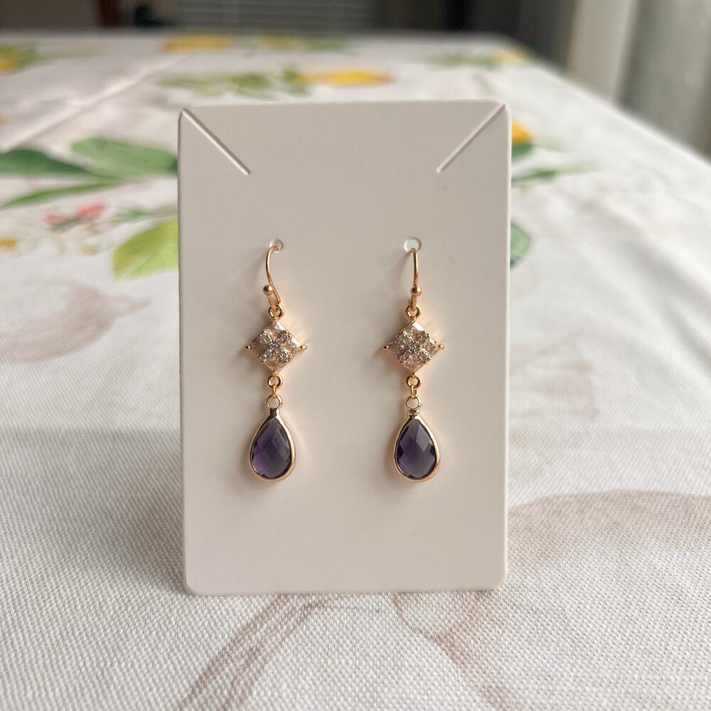 Amethyst Aubergine Crystal Glass Diamond Square Shape Romantic Art Deco Earrings
